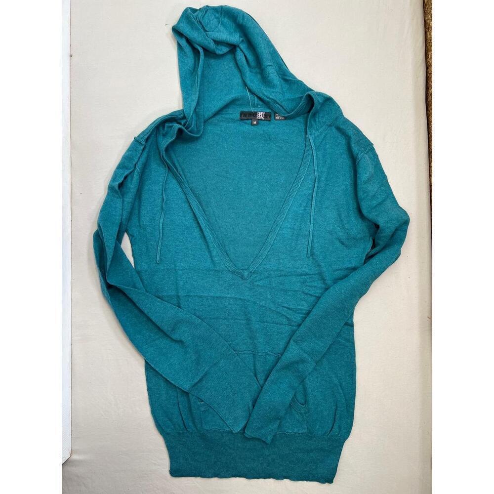 Full Tilt Hooded Top Long Sleeve Size M Teal Green Pullover Casual Deep V-Neck - Picture 3 of 8